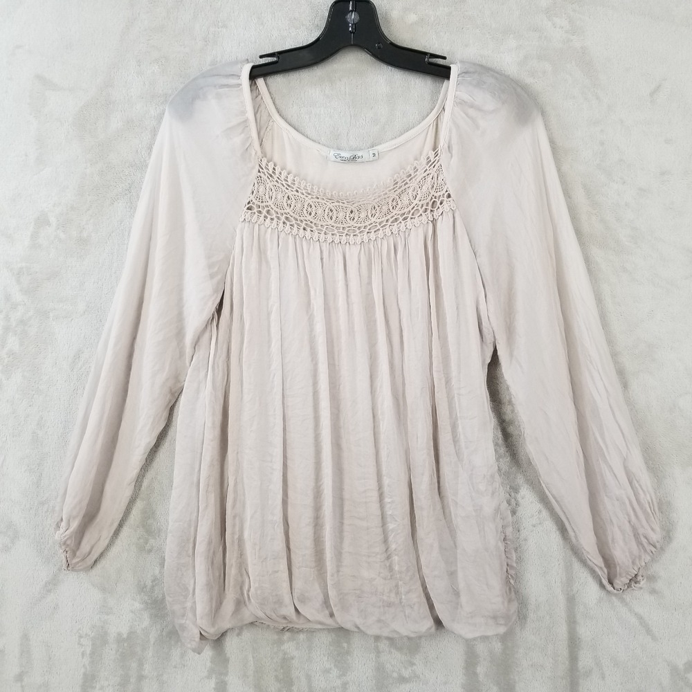 Elena Baldi Top M Beige 100% Silk Blouse Crochet Trim Lined Delicate Feminine